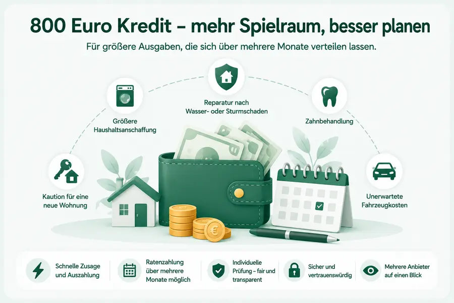 Infografik: 800 Euro Kredit – Geldbörse mit Geld, Münzen, Kalender und Illustrationen rund um den Kreditplan.
